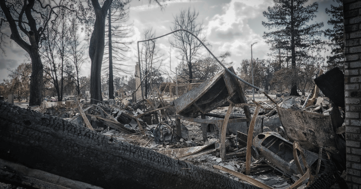 Rubble of home destroyed by wildfire